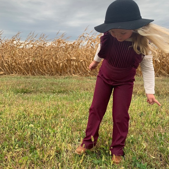 Colorful childhood burgundy Ruffled Overalls - Picture 1 of 7